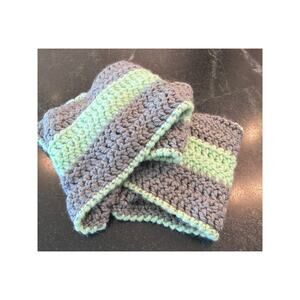 hand crocheted infinity scarf mint green and gray 8" w x 32" (doubled)